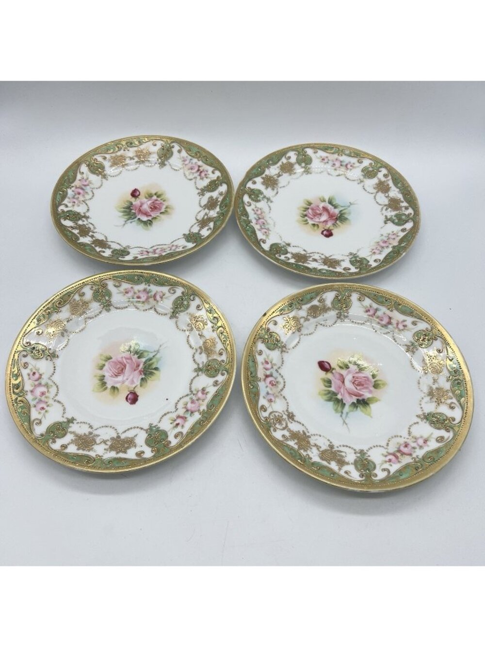 Antique Noritake Nippon RC Mark Pink Cabbage Green Gold Moriage 6” Set Of 4